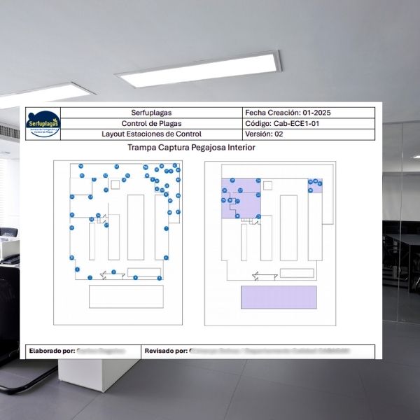 Layout de estaciones cebaderas en informes técnicos de la empresa